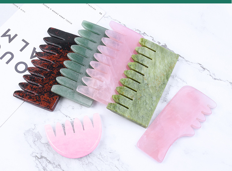 Natural Jade & Rose Quartz Comb — Gua Sha Scalp & Face Massager