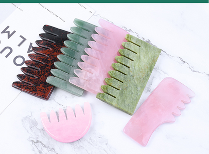 Natural Jade & Rose Quartz Comb — Gua Sha Scalp & Face Massager