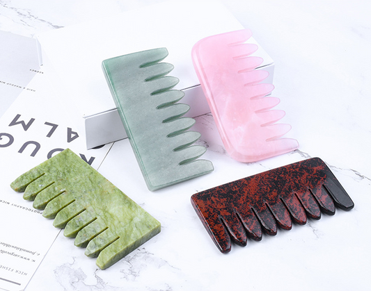 Natural Jade & Rose Quartz Comb — Gua Sha Scalp & Face Massager