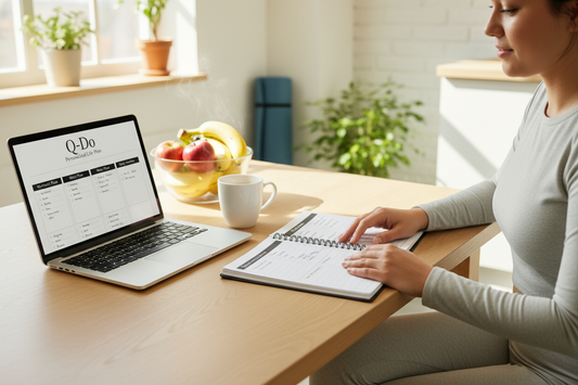Realistic photo of a person using the Q-Do Personalized Life Plan at a bright kitchen or home office table. The open planner shows clear pages labeled “Workout Plan,” “Meal Plan,” and “Daily Routine.” Nearby: a laptop with the same plan PDF on screen, a cup of tea, fruit bowl, and yoga mat in the background. Natural daylight, calm and balanced mood, clean neutral colors, modern wellness aesthetic.